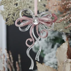 Pink Glitter and Clear Acrylic Bow Tree Decoration Christmas Tree Decorations|