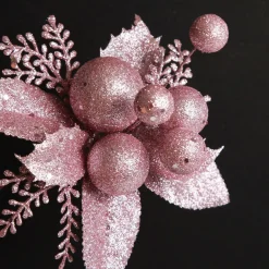 Pink Glitter Ball and Leaf Pick - Set of 2 Christmas Pick|Pink Glitter Ball And Leaf Pick - Set Of 2