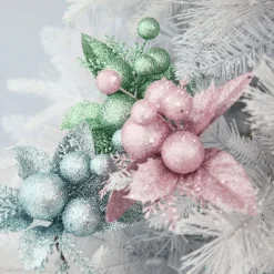 Pink Glitter Ball and Leaf Pick - Set of 2 Christmas Pick|Pink Glitter Ball And Leaf Pick - Set Of 2