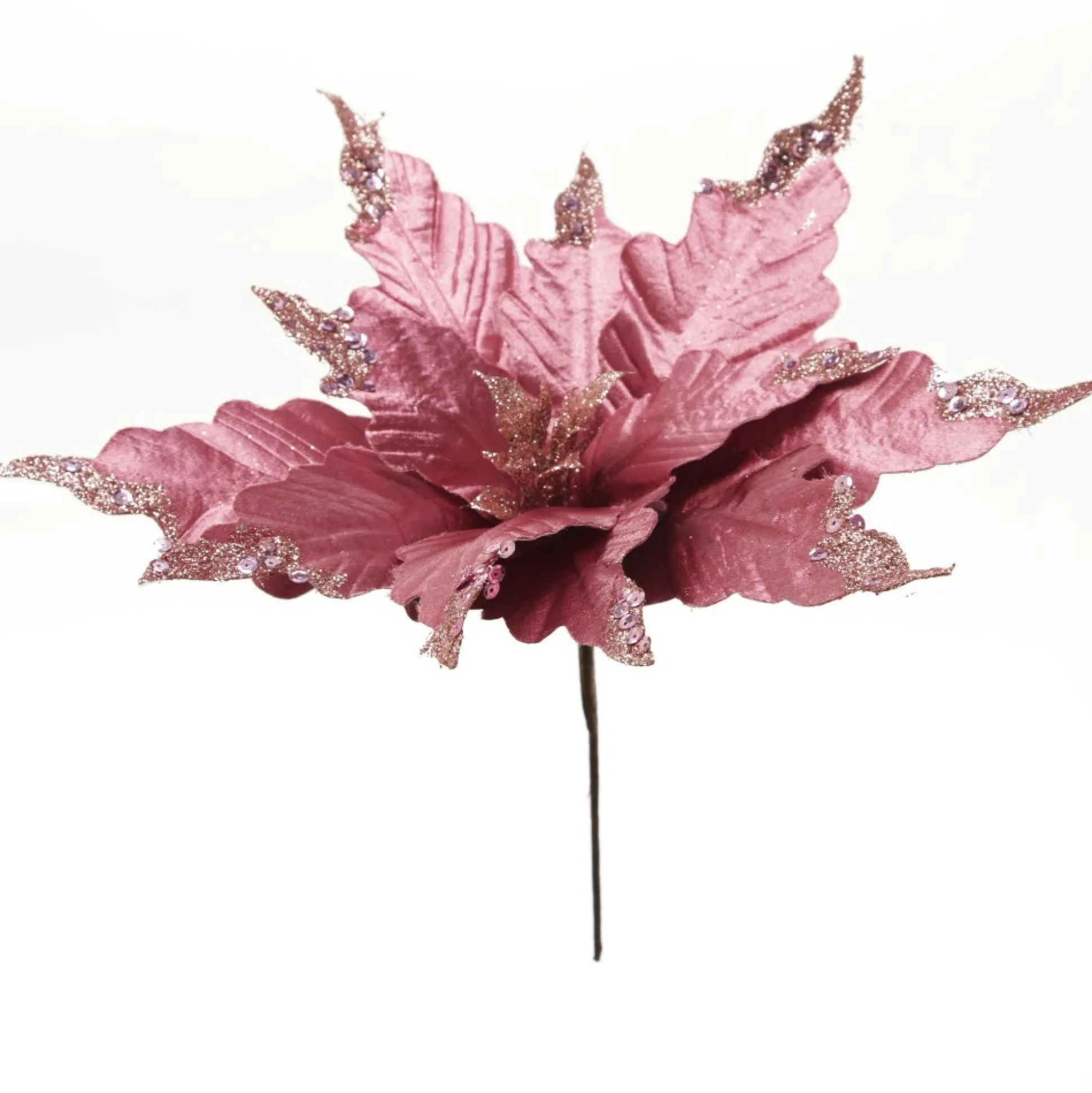 Pink Plum Sequin Poinsettia Flower Stem Christmas Flowers|