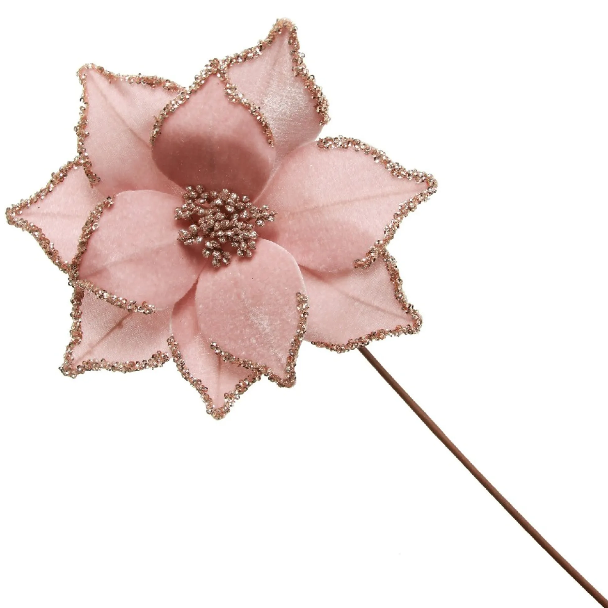 Pink Velour Poinsettia Flower Stem with Glitter Edge Christmas Flowers|