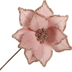 Pink Velour Poinsettia Flower Stem with Glitter Edge Christmas Flowers|
