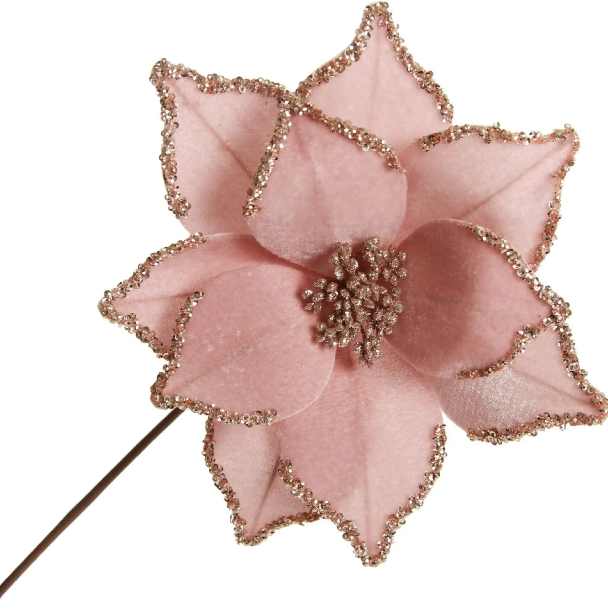 Pink Velour Poinsettia Flower Stem with Glitter Edge Christmas Flowers|