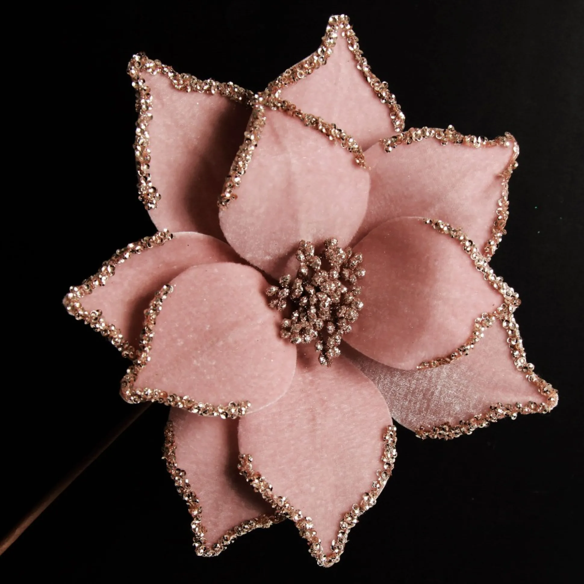 Pink Velour Poinsettia Flower Stem with Glitter Edge Christmas Flowers|