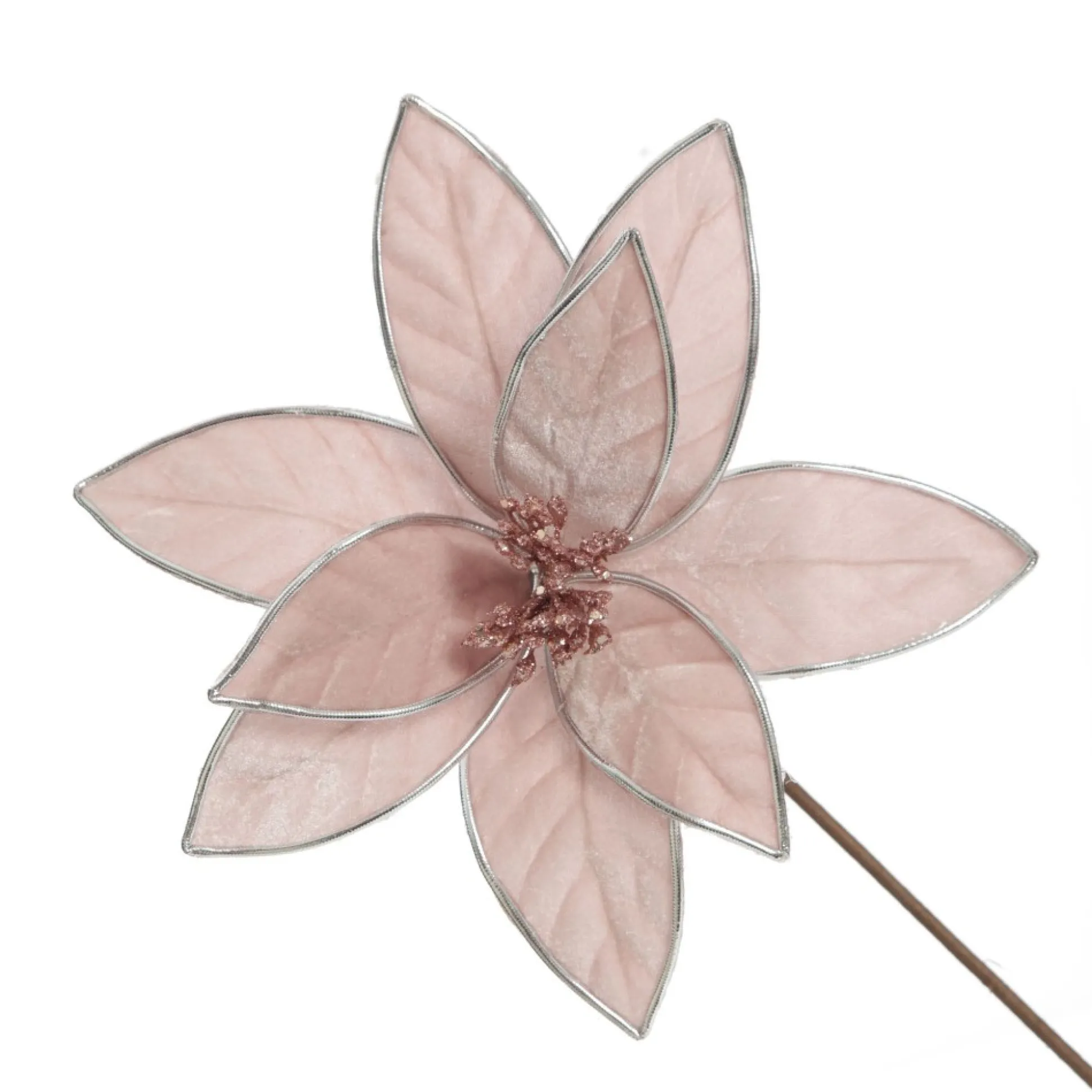 Pink Velvet Flower Stem with Silver Trim Christmas Flowers|