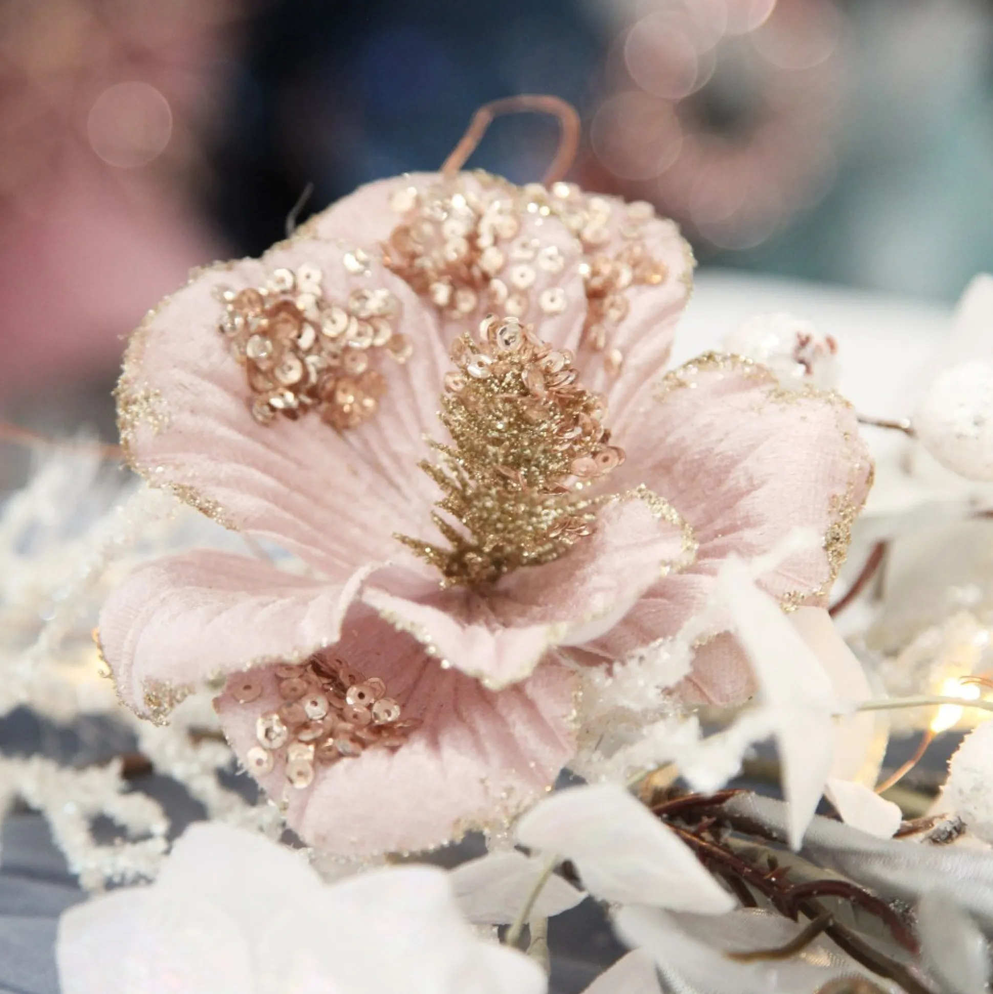 Pink Velvet Magnolia Flower with Champagne Sequin Tips Christmas Flowers|