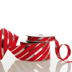 Red & Silver Diagonal Stripe Wired Ribbon Ribbons|