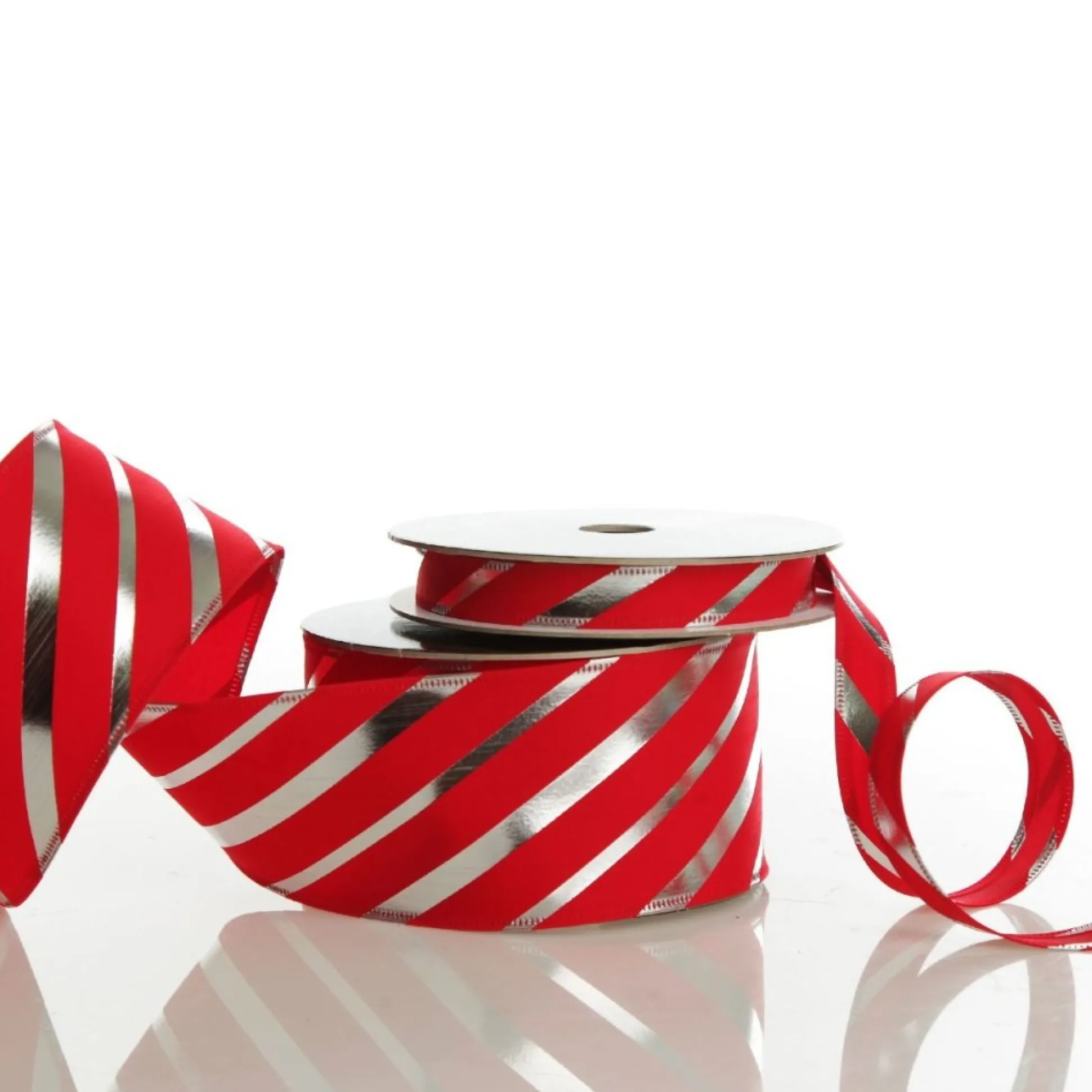 Red & Silver Diagonal Stripe Wired Ribbon Ribbons|