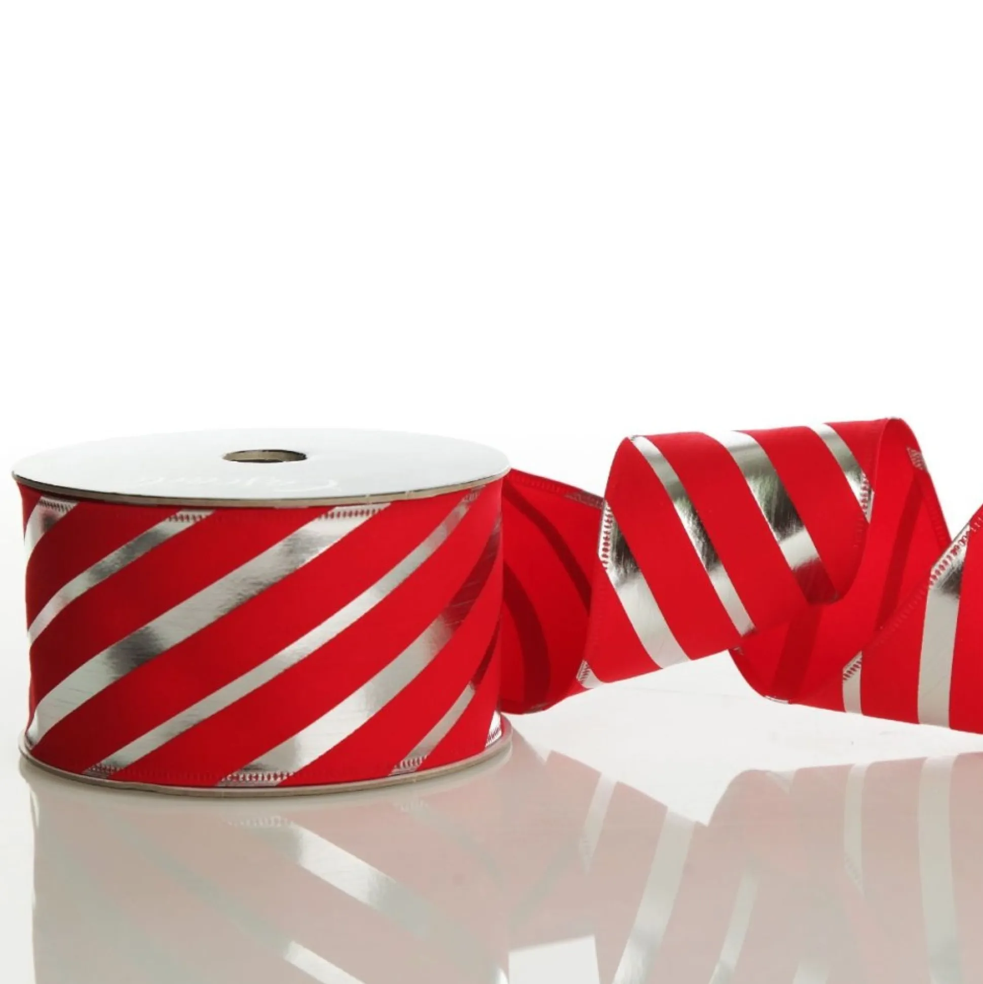 Red & Silver Diagonal Stripe Wired Ribbon Ribbons|