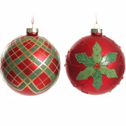 Red and Green Painted Holly and Tartan Christmas Baubles - Set of 2 Christmas Bauble Sets|