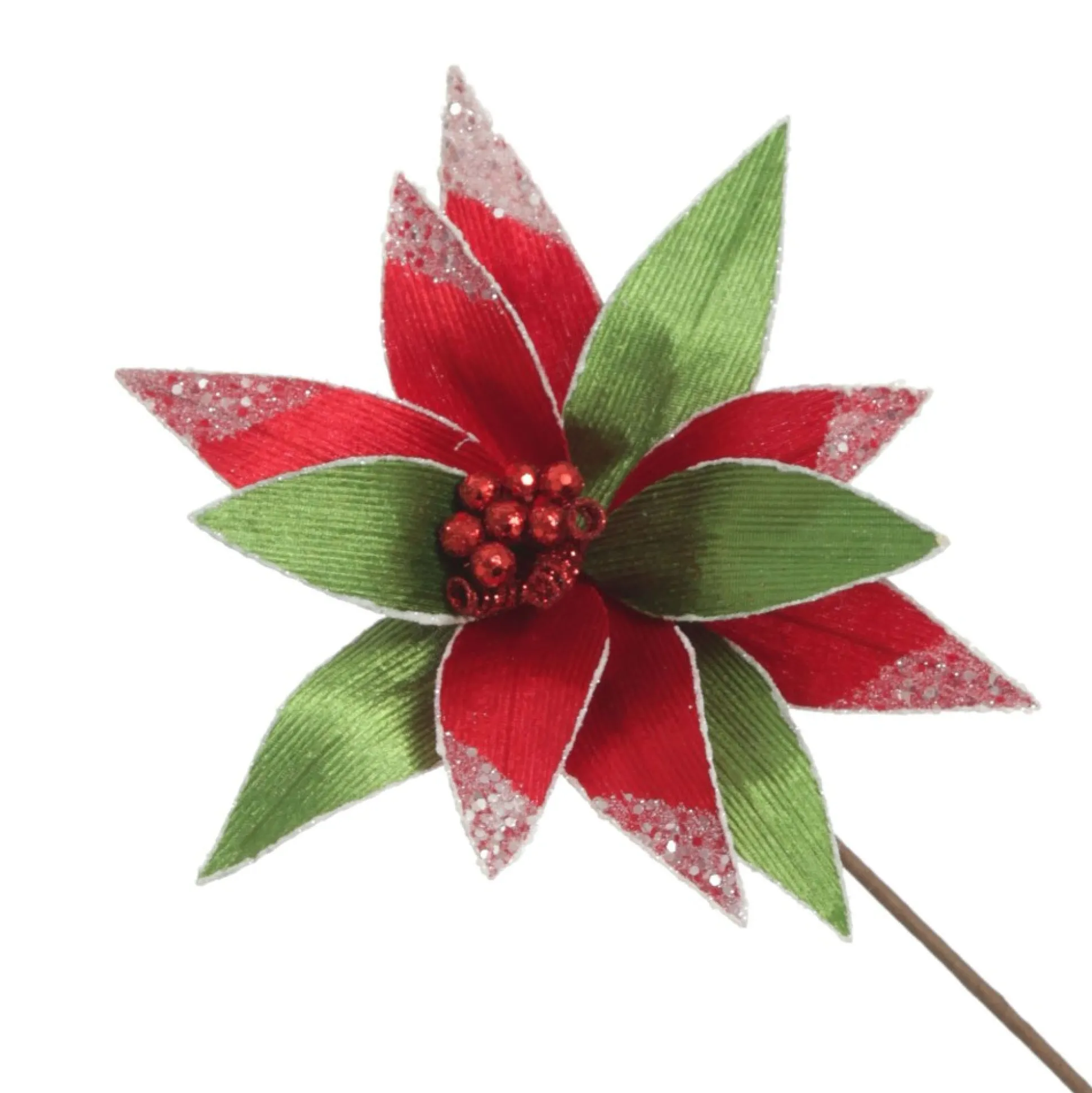 Red and Green Ribbed Flower Stem with White Glitter Trim and Sequins Christmas Flowers|