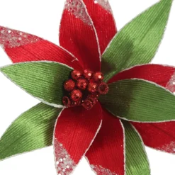 Red and Green Ribbed Flower Stem with White Glitter Trim and Sequins Christmas Flowers|
