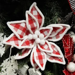 Red and White Check Flower Stem with Fur Trim Christmas Flowers|