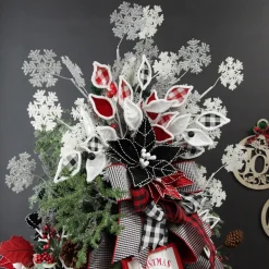 Red and White Check Leaf Spray with Fur Trim Christmas Sprays|