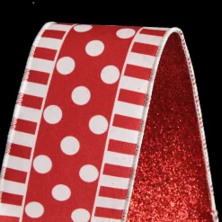 Red and White Dots and Stripe Candy Cane Christmas Ribbon - 6.5cm Ribbons|