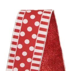 Red and White Dots and Stripe Candy Cane Christmas Ribbon - 6.5cm Ribbons|