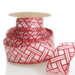 Red and White Glitter Basket Weave Pattern Wired Ribbon - 3.75cm Ribbons|Red And White Glitter Basket Weave Pattern Wired Ribbon - 3.75Cm