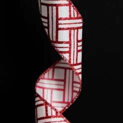 Red and White Glitter Basket Weave Pattern Wired Ribbon - 3.75cm Ribbons|Red And White Glitter Basket Weave Pattern Wired Ribbon - 3.75Cm