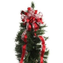 Red and White Glitter Plaid Deluxe Tree Topper Bow with Streamers Tree Toppers|