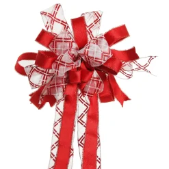 Red and White Glitter Plaid Deluxe Tree Topper Bow with Streamers Tree Toppers|