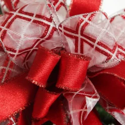 Red and White Glitter Plaid Deluxe Tree Topper Bow with Streamers Tree Toppers|