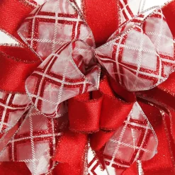 Red and White Glitter Plaid Deluxe Tree Topper Bow with Streamers Tree Toppers|