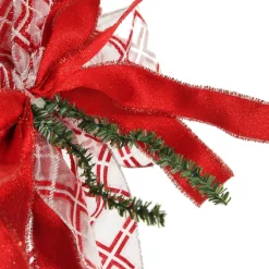 Red and White Glitter Plaid Deluxe Tree Topper Bow with Streamers Tree Toppers|
