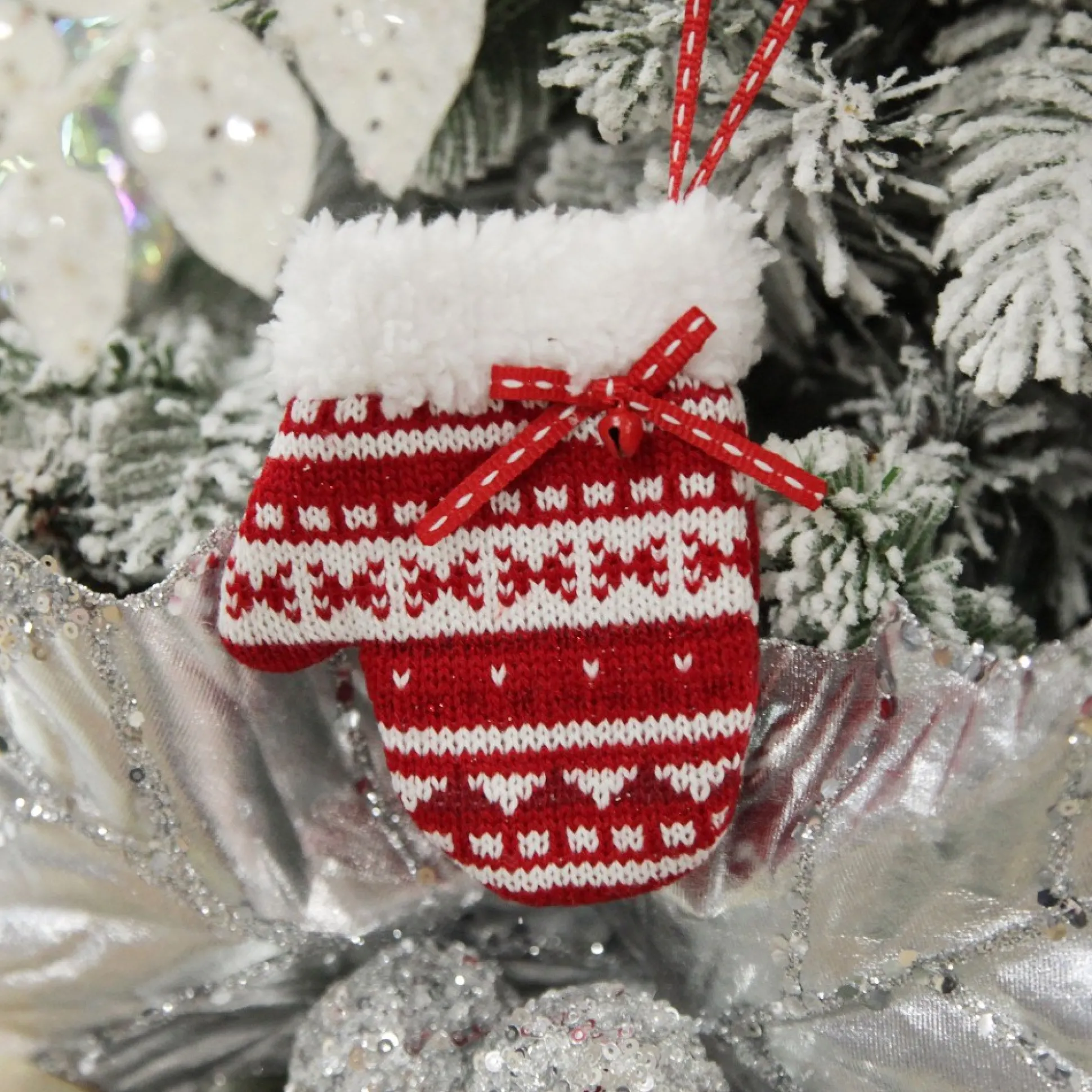 Red and White Knitted Christmas Tree Decorations - Set of 3 Christmas Tree Decorations|