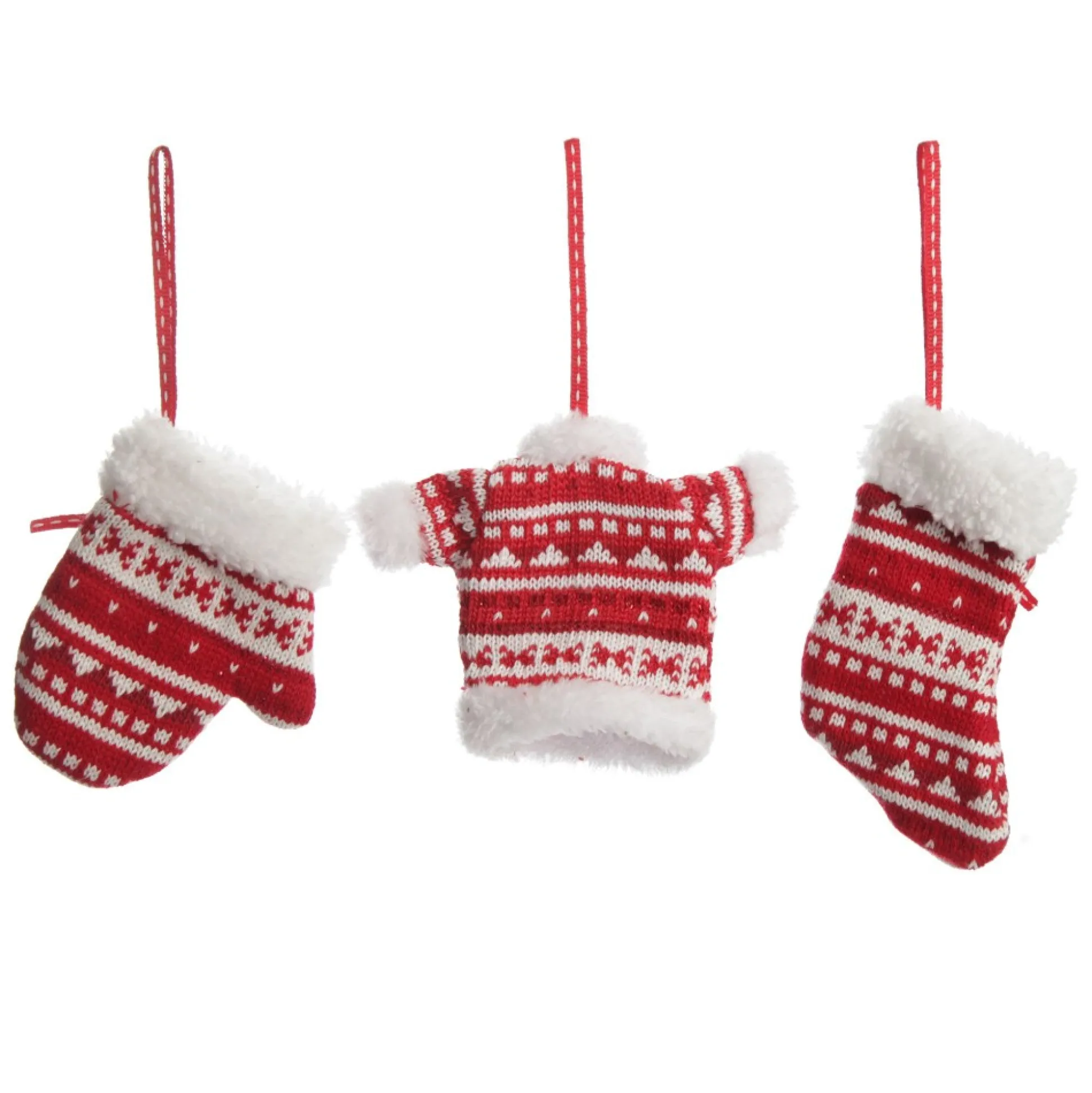 Red and White Knitted Christmas Tree Decorations - Set of 3 Christmas Tree Decorations|
