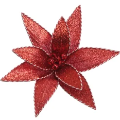 Red Glitter Poinsetta Flower Clip with Twine Trim and Bells Christmas Flowers|