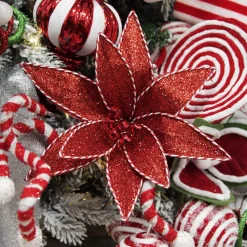 Red Glitter Poinsetta Flower Clip with Twine Trim and Bells Christmas Flowers|