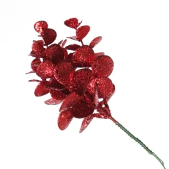 Red Glitter Silver Dollar Leaf Pick - Set of 2 Christmas Pick|