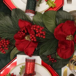 Red Magnolia Flower Green Leaf and Pine Christmas Spray Christmas Sprays|