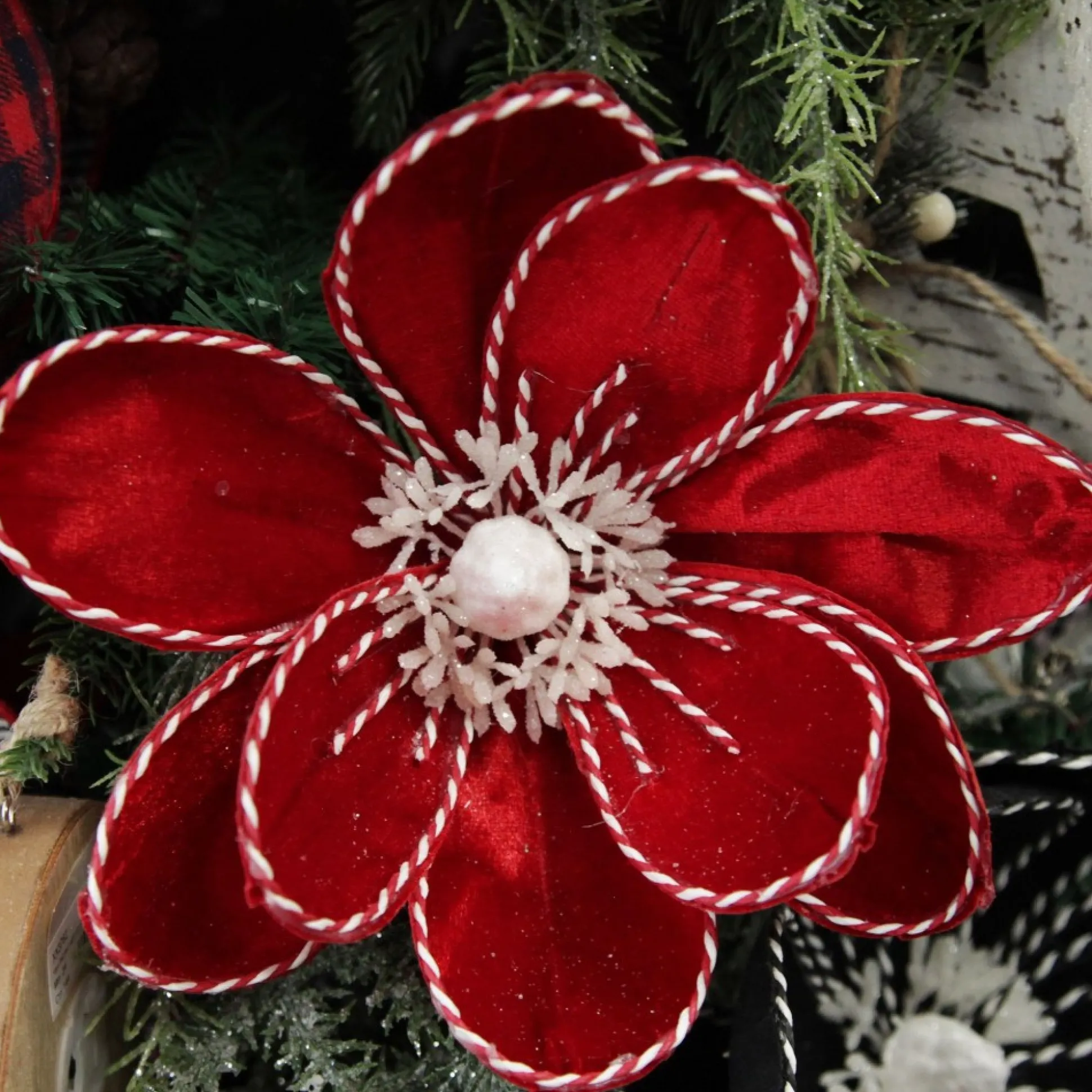Red Magnolia Flower Stem with Twine Trim Christmas Flowers|