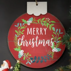 Red Merry Christmas Wooden Bauble Plaque Wall Hangings And Signs|