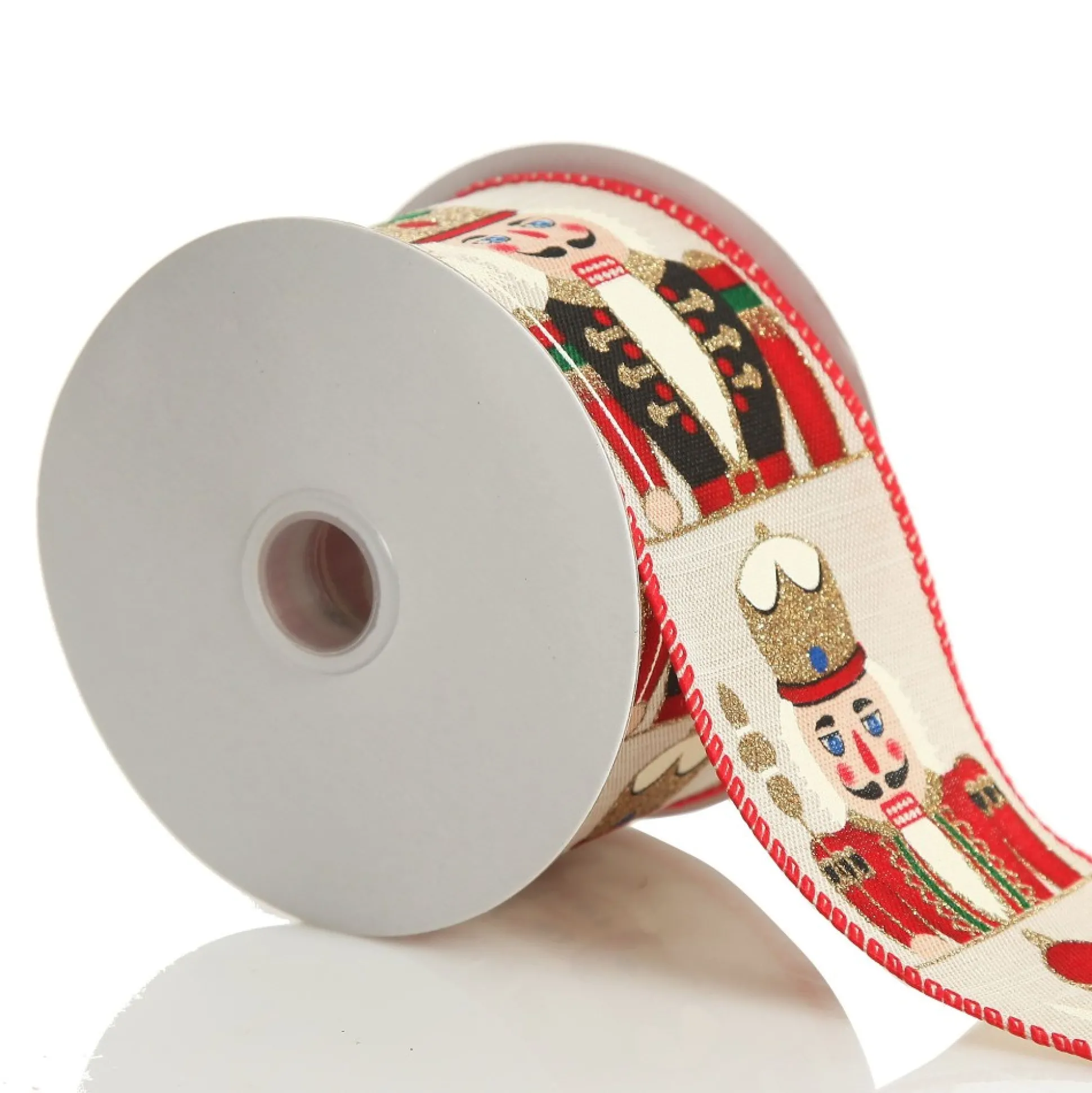 Red Nutcracker Print Christmas Ribbon with Wired Edge - 6.3cm Ribbons|