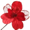 Red Satin Magnolia Flower Stem with Glitter Trim Christmas Flowers|