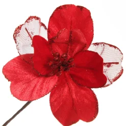 Red Satin Magnolia Flower Stem with Glitter Trim Christmas Flowers|