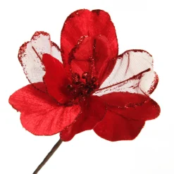 Red Satin Magnolia Flower Stem with Glitter Trim Christmas Flowers|