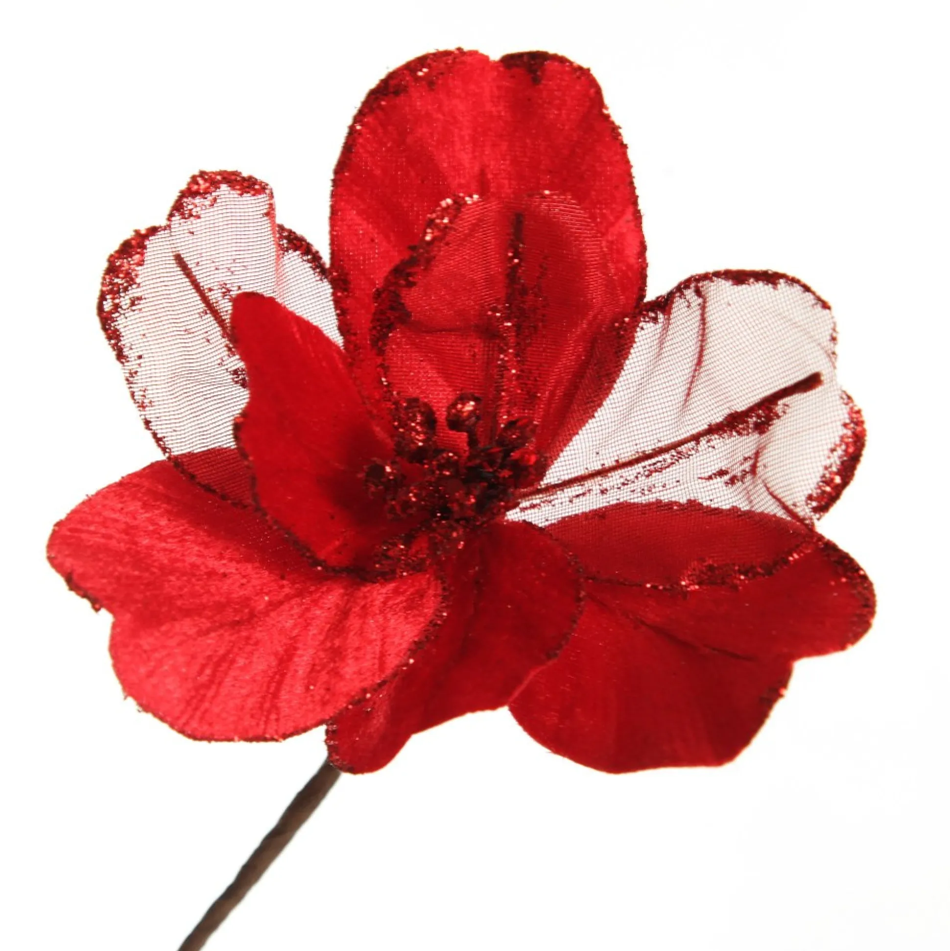 Red Satin Magnolia Flower Stem with Glitter Trim Christmas Flowers|