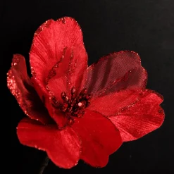 Red Satin Magnolia Flower Stem with Glitter Trim Christmas Flowers|