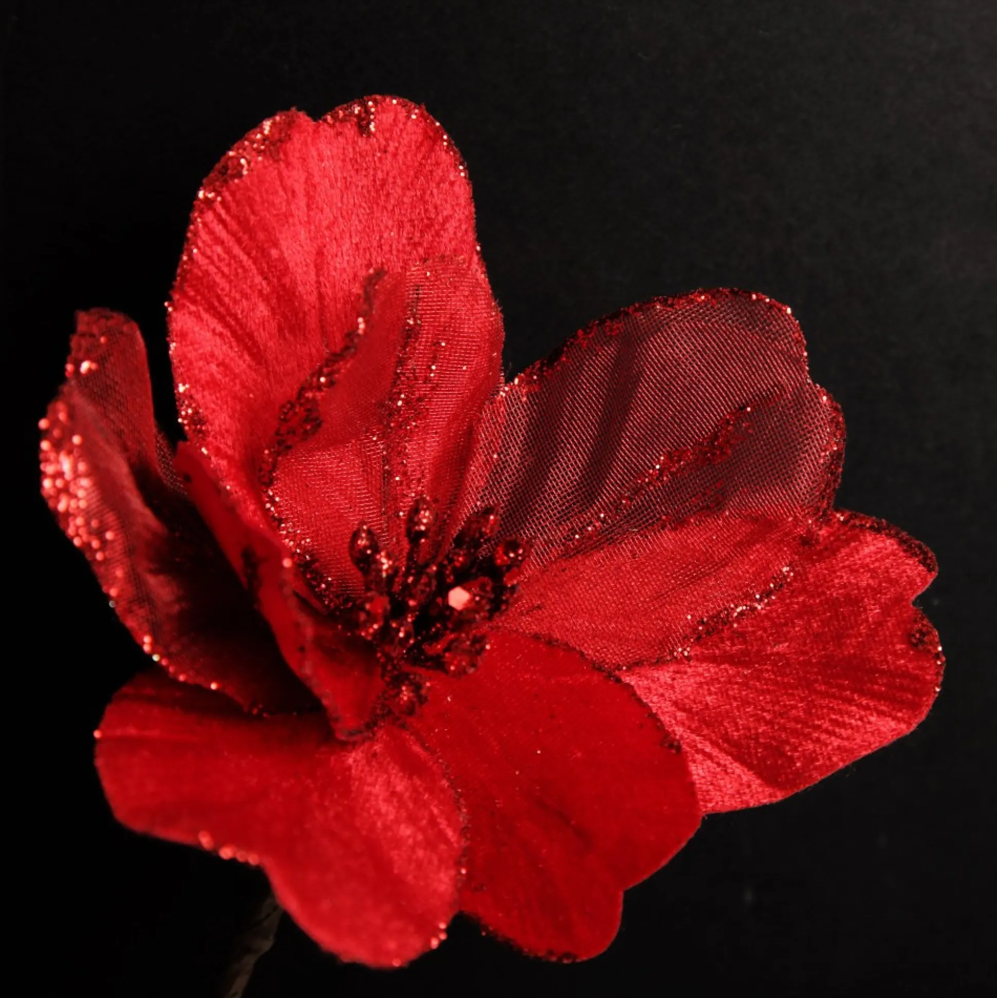 Red Satin Magnolia Flower Stem with Glitter Trim Christmas Flowers|