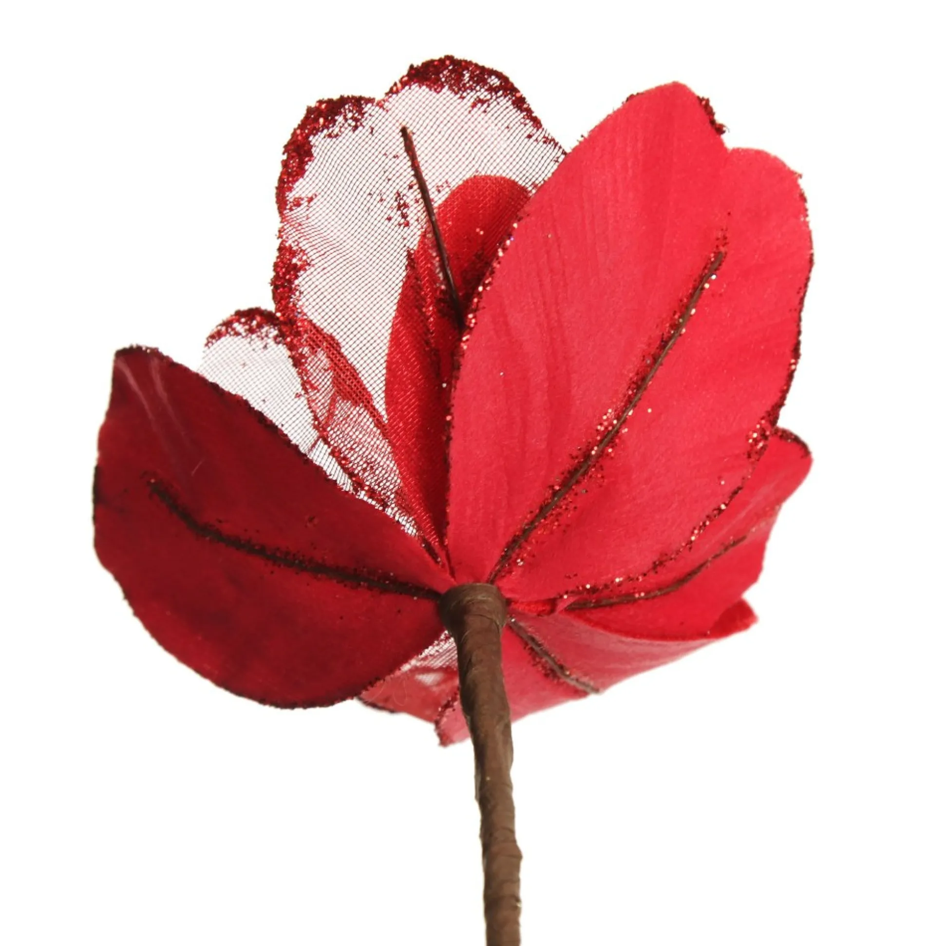 Red Satin Magnolia Flower Stem with Glitter Trim Christmas Flowers|