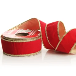 Red Velvet Gold Trim Wired Christmas Ribbon Ribbons|