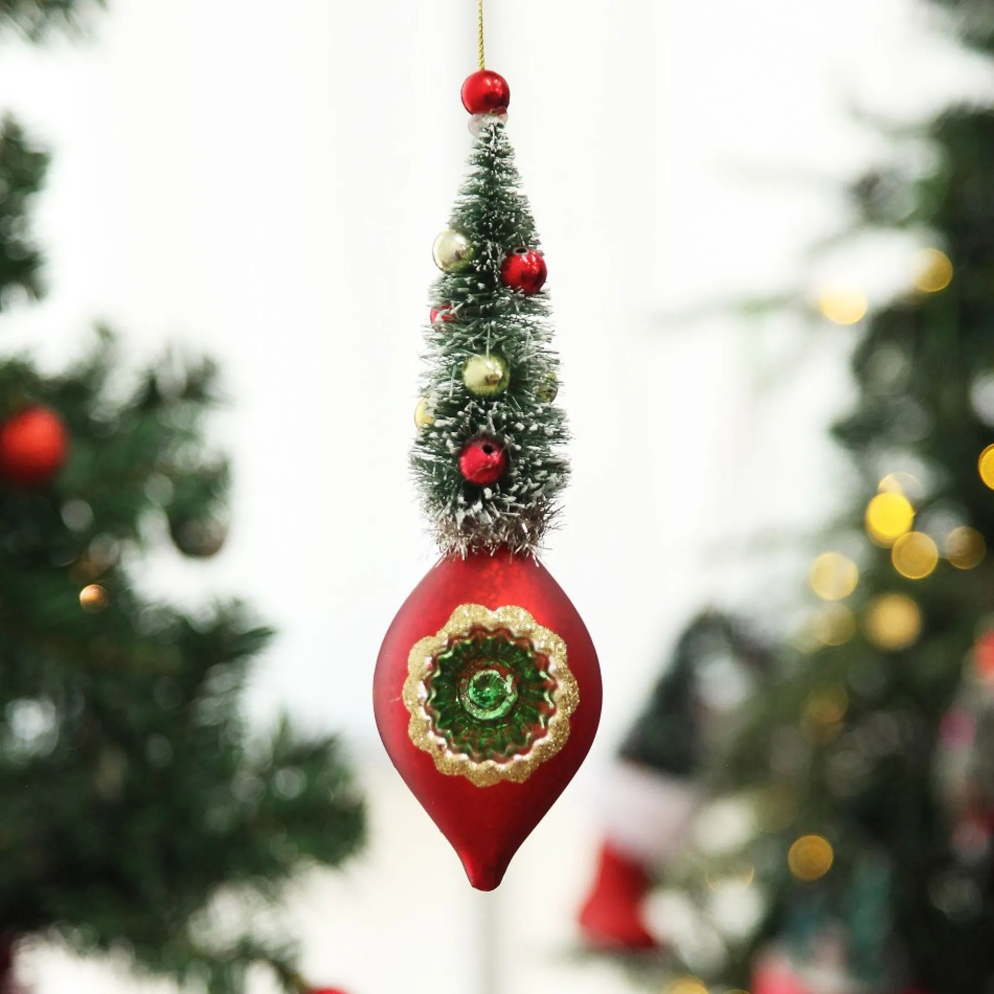 Red Vintage Glass Christmas Finial with Tree Christmas Tree Decorations|