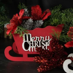 Red Wooden Sleigh with Merry Christmas Christmas Ornaments|