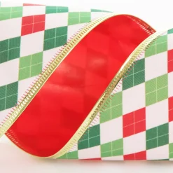 Reversible Red White Green Harlequin Pattern Wired Christmas Ribbon Garland Tree Garlands|