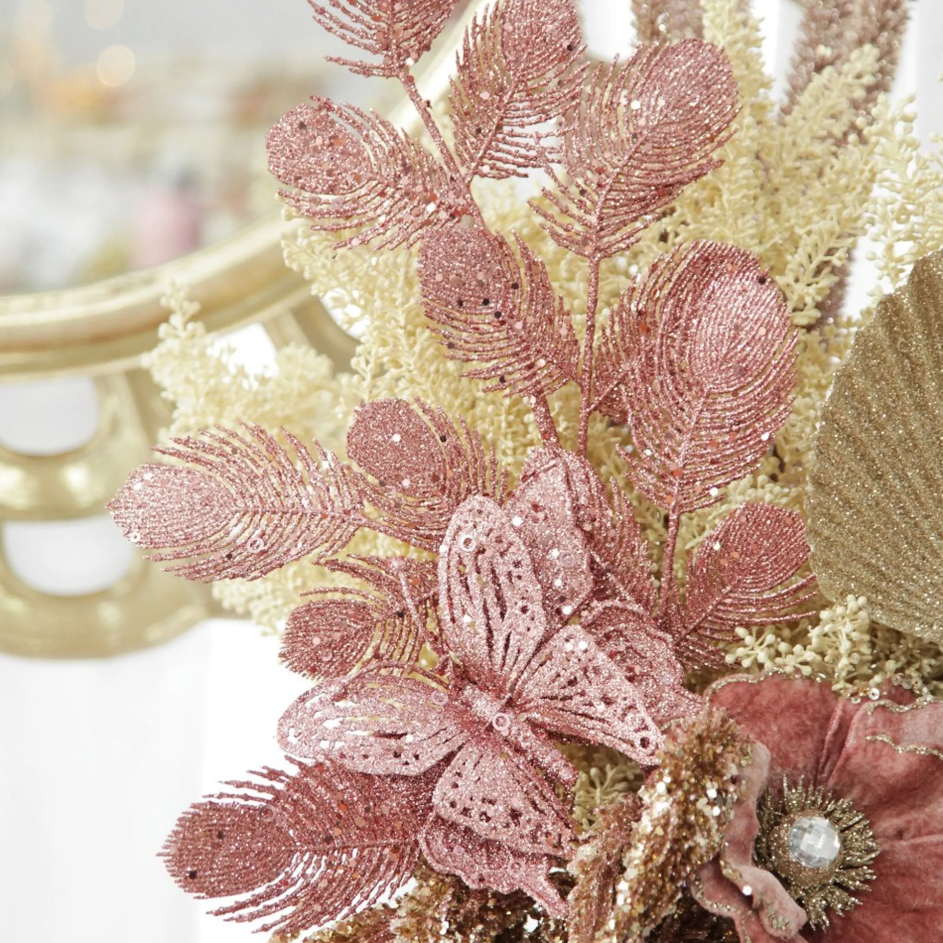 Rose Gold Glitter Feathers with Butterfly Spray Pick Christmas Sprays|