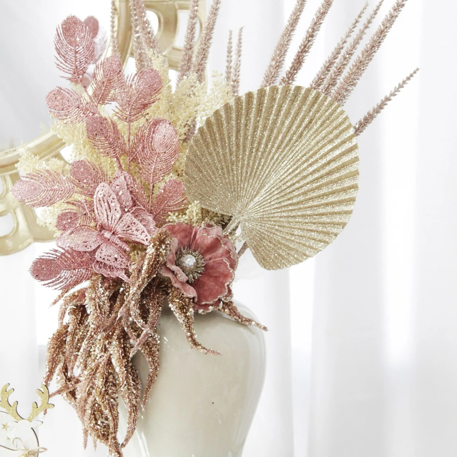 Rose Gold Glitter Feathers with Butterfly Spray Pick Christmas Sprays|