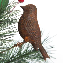 Rusted Tin Bird, Pinecone and Red Berry Pick Christmas Pick|